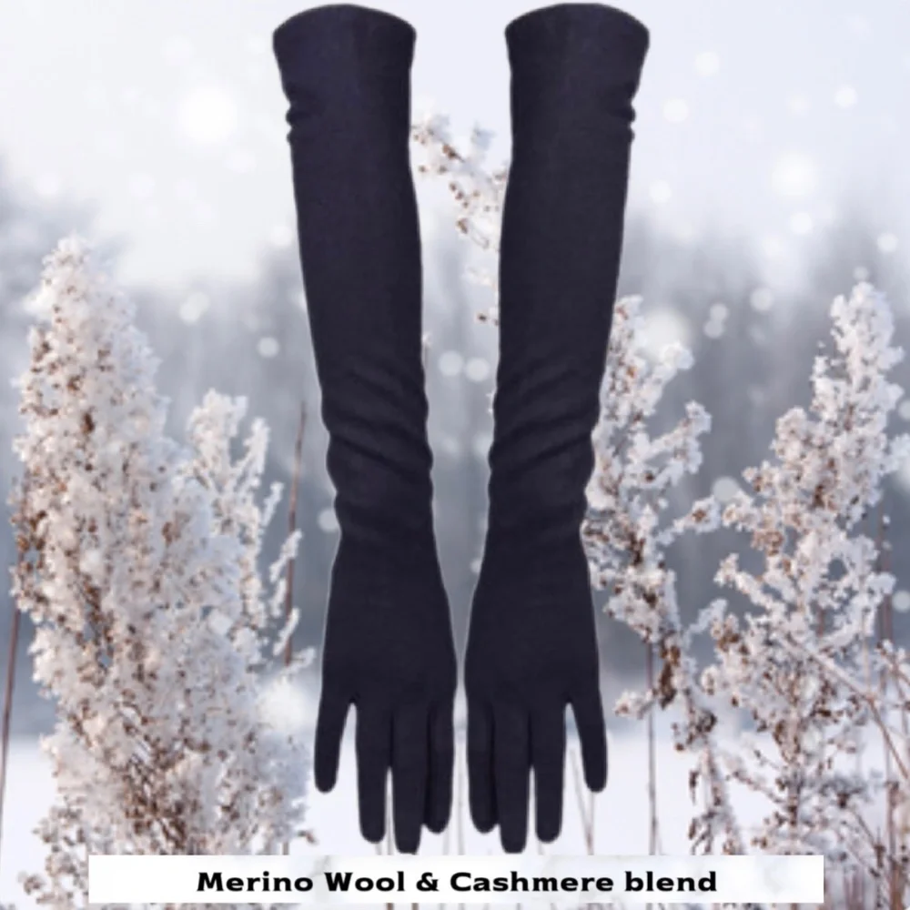 Black Long Cashmere Merino Wool Gloves Classical Elbow Length Cashmere Gloves